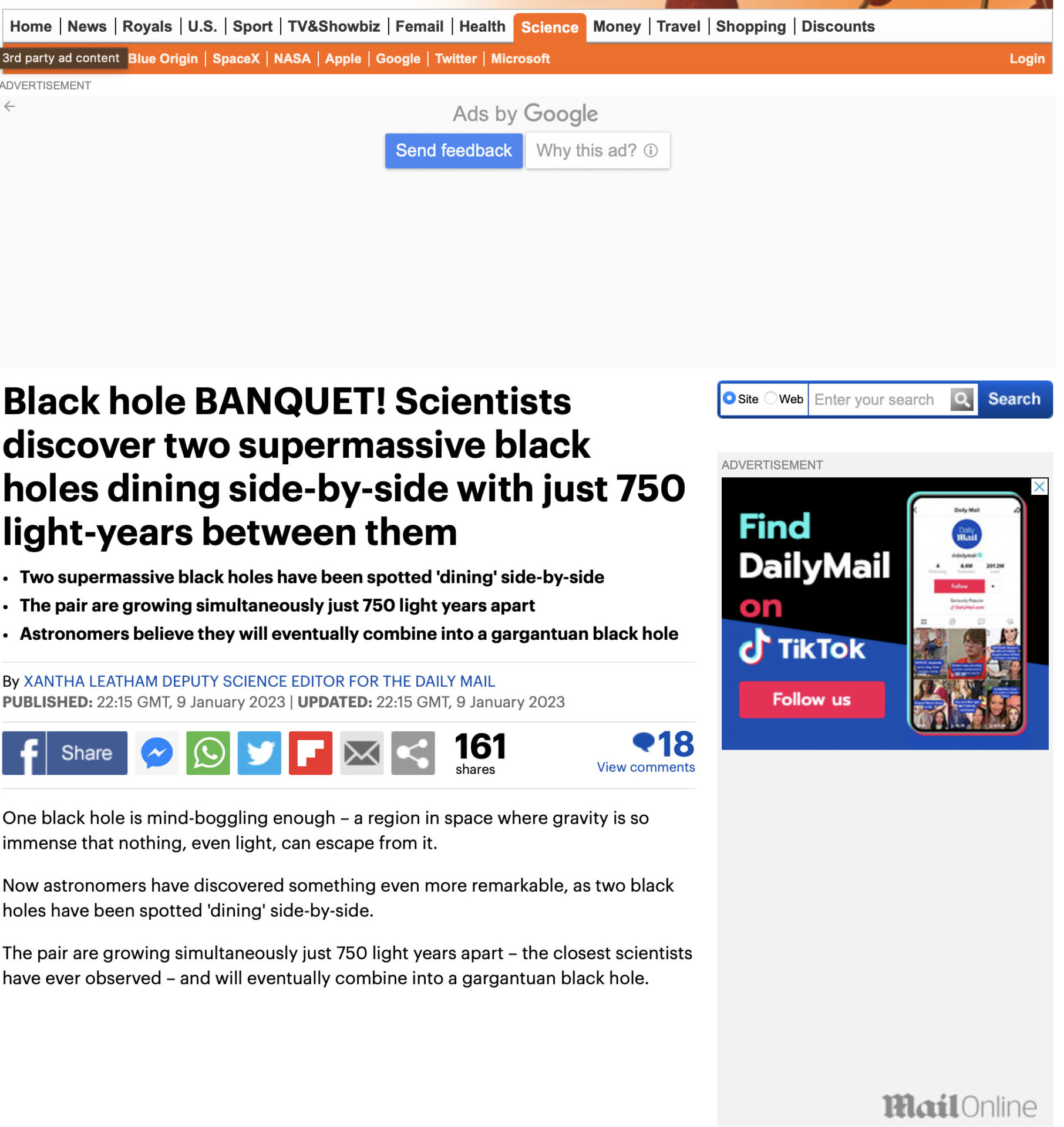 Black hole BANQUET! Scientists discover two supermassive black holes dining side-by-side with just 750 light-years between them
